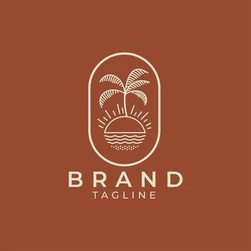 Vector logo design template sunrise beach with palm tree - abstract vintage.. Stock Illustration