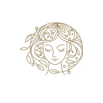 Vector logo design template in trendy linear style with female face Stock Illustration