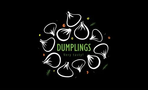 Vector logo with drawn dumplings on a black background Stock Illustration