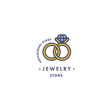 Vector logo with engagement rings with blue gem stone design in trendy linear Stock Illustration
