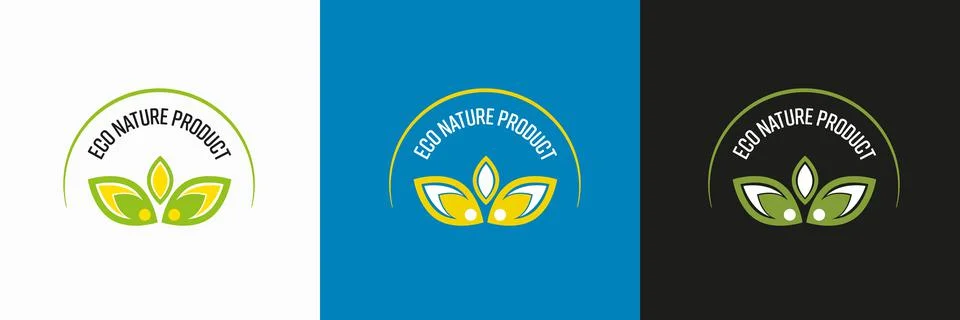 Vector logo in a green circle with white, yellow leaves, eco print, natural e Stock Illustration