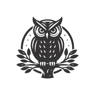 Vector logo illustration of a black and white owl sitting on a branch. The .. Stock Illustration