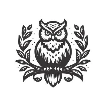 Vector logo illustration of a black and white owl sitting on a branch. The .. Stock Illustration