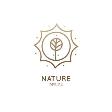 Vector logo of nature elements isolated in linear style. Outline icons sun with Illustrazione stock
