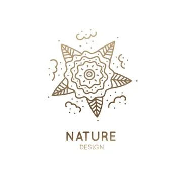 Vector logo of nature elements. Linear round icon of winter landscape with trees Illustrazione stock