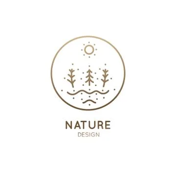 Vector logo of nature elements in linear style. Outline icons winter landscape Stock Illustration