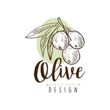 Vector Logo of Olives Hand Drawn On A Branch Stock-Illustration