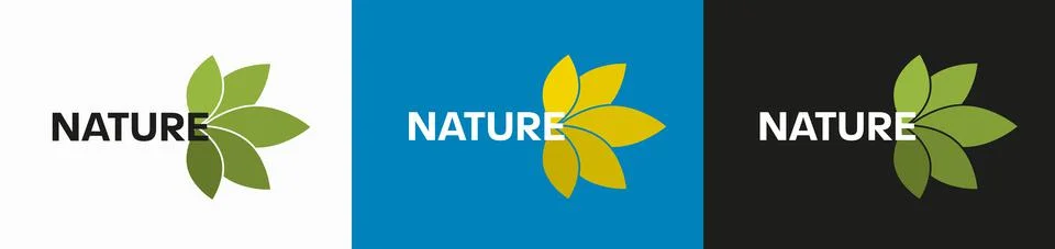 Vector logo with text in the center, yellow, green 5-leaf on the right, eco e Stock Illustration