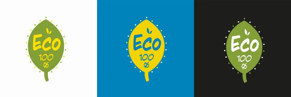 Vector logo with text eco 100% in the center of green, yellow leaf, dots arou Stock Illustration