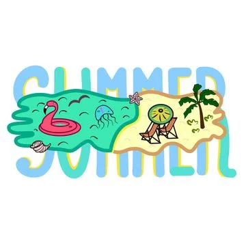 Vector logo with text Summer and cute land ,sea and palm Stock Illustration