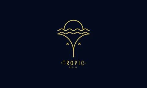 Vector logo of tropical coconut, waves and sunset Stock Illustration