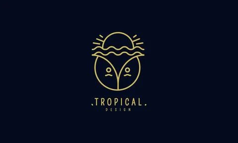 Vector logo of tropical coconut, waves and sunset Stock Illustration