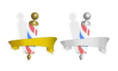 Vector logo of vintage barber pole in brass and silver version with banner Stock Illustration