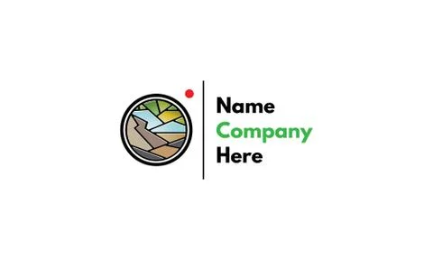 Vector logo on which an abstract image of mountains and trees in the camera lens Stock Illustration