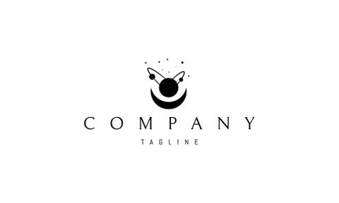 Vector logo on which an abstract image of a planet with satellites at the bottom Stock Illustration