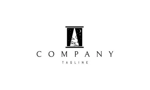 Vector logo on which an abstract image of a window behind the curtains which is Stock Illustration