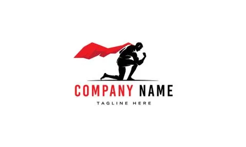 Vector logo on which an abstract image of a superman with a red cloak who Stock Illustration