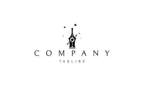 Vector logo on which an abstract image of an ink pen with a planet inside and on Stock Illustration