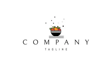 Vector logo on which an abstract image of a bowl of oranges in bright colors. Stock Illustration