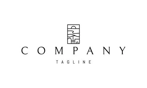 Vector logo on which an abstract image of a guest house on the beach at sunset. Stock Illustration