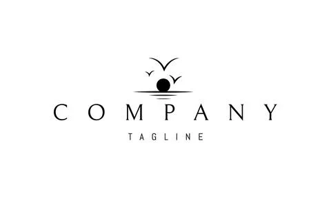 Vector logo on which an abstract image of a sunset on the sea and seagulls Stock Illustration