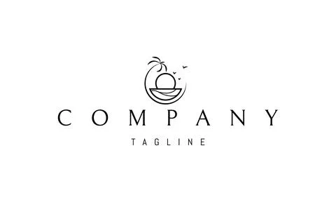 Vector logo on which an abstract image of a palm tree on the shore of an exotic Stock Illustration