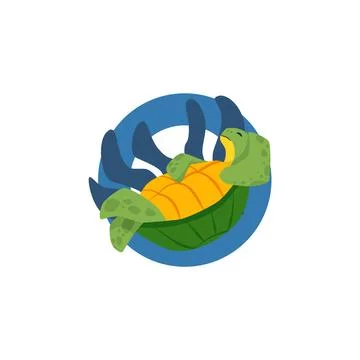 Vector logo on a white background: green sea turtle with spotted fins resting on Stock Illustration