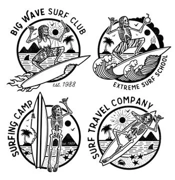Vector Logos Illustration with Skeleton Surfers. Stock Illustration