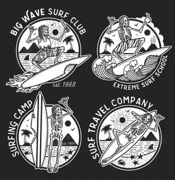 Vector Logos Illustration with Skeleton Surfers. Stock Illustration