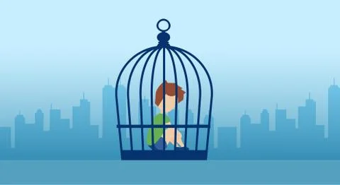 Vector of a lonely boy sitting inside the cage on a city background Stock Illustration