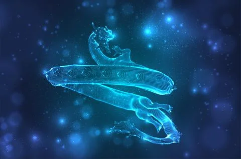 Vector long dragon snake on a deep dark blue background in square 3D polygon Stock Illustration