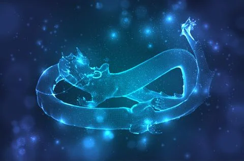 Vector long dragon snake on a deep dark blue background in square 3D polygon Stock Illustration