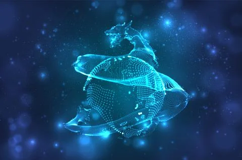 Vector long dragon snake on a deep dark blue background in square 3D polygon Stock Illustration