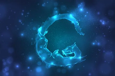 Vector long dragon snake on a deep dark blue background in square 3D polygon Stock Illustration