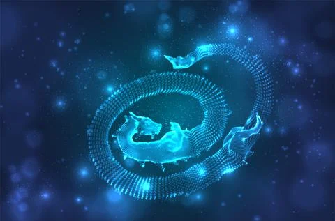 Vector long dragon snake on a deep dark blue background in square 3D polygon Stock Illustration