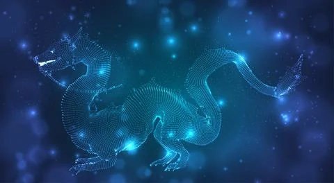 Vector long dragon snake on a deep dark blue background in square 3D polygon Stock Illustration