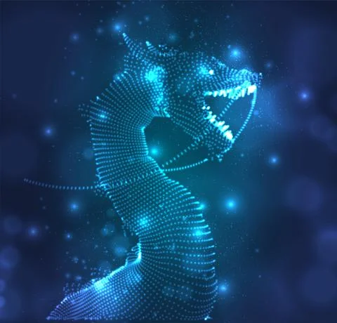 Vector long dragon snake on a deep dark blue background in square 3D polygon Stock Illustration