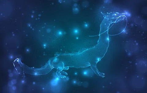 Vector long dragon snake on a deep dark blue background in square 3D polygon Stock Illustration