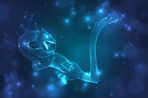 Vector long dragon snake on a deep dark blue background in square 3D polygon Stock Illustration