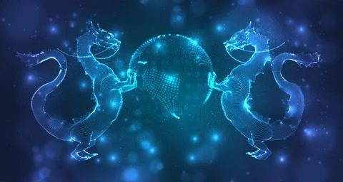 Vector long dragon snake on a deep dark blue background in square 3D polygon Stock Illustration