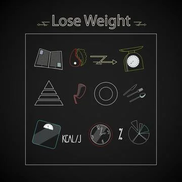 Vector lose weight objects icon set on black background Stock Illustration