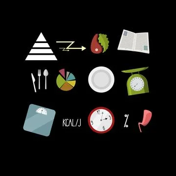 Vector lose weight objects icon set on black background Stock Illustration