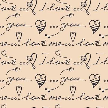 Vector, love doodle seamless pattern. Hand drawn ink calligraphy, text, heart Stock Illustration
