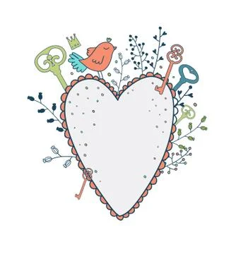 Vector love frame. Spring illustration of cute bird, heart and f Stock Illustration