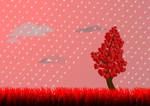 Vector : Love tree with rain and cloud Stock Illustration