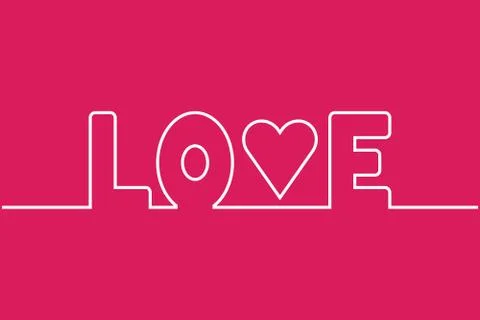 Vector Love word line, isolated white symbol with heart on pink background Stock Illustration