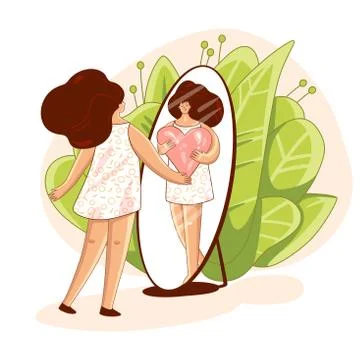 Vector Love yourself and take care of yourself concept. Girl, looking in mirror Stock Illustration