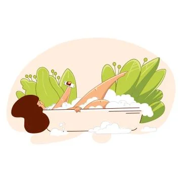 Vector Love yourself and take care of yourself concept. Young woman taking a Stock Illustration