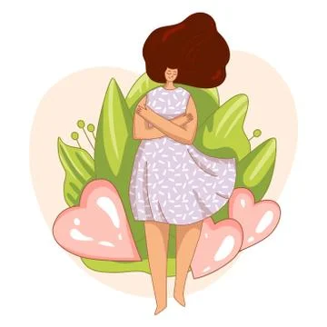 Vector Love yourself and take care of yourself concept. Girl, hugging herself Stock Illustration