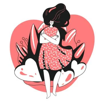 Vector Love yourself and take care of yourself concept. Girl, hugging herself Stock Illustration